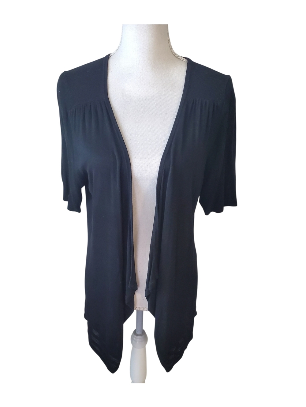 White House Black Market Open Front Waterfall Cardigan Black Short Sleeve Size M